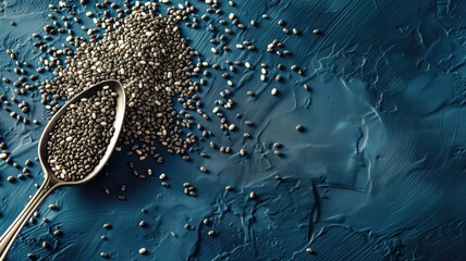 A spoon overflows with chia seeds on a blue textured surface