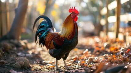 Rooster standing proudly in a sunlit yard - obrazy, fototapety, plakaty