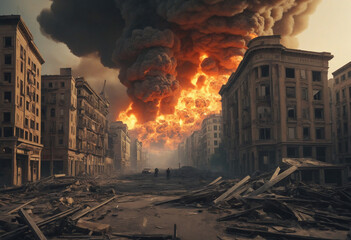 Devastated cityscape engulfed in flames