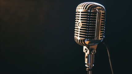 Vintage microphone illuminated on dark background