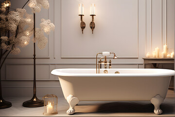 Antique bathtub features, candle holders, blend seamlessly with modern lighting, creating a captivating ambiance.