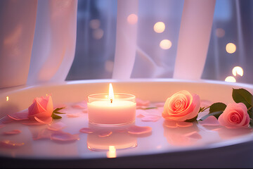 Romantic rose petal bath by candlelight. Soft watercolor strokes highlight delicate petals, while warm candlelight adds a gentle glow.
