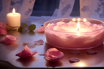 Dreamy rose petal bath. A whimsical atmosphere, as warm candlelight casts a gentle, romantic glow.