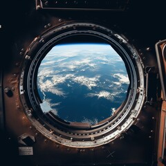 Astronaut's view of Earth through window of International Space Station - obrazy, fototapety, plakaty