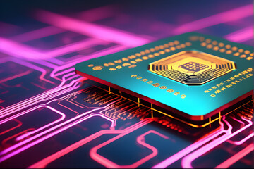 AI microchip pulsating with neon lights. Witness the capabilities of generative AI displayed in glowing text, surrounded by an intricate neural network