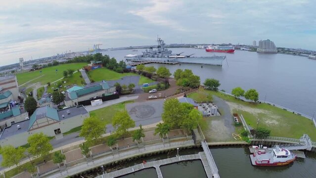 Wiggins Park and Marina with boats not far from museum battleship