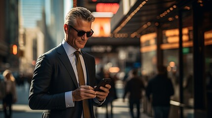 Confident businessman using smartphone in urban city street