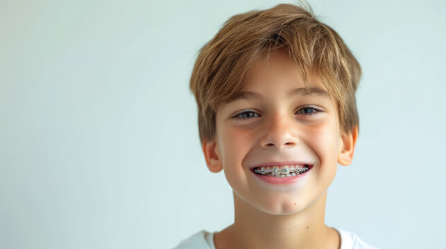little smiling boy with metal braces on her teeth, bite correction, orthodontist, health, medicine, dentistry, oral cavity, straight, white, mouth, person, people, treatment, kid, child, children