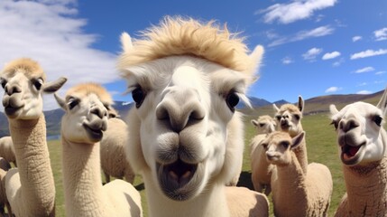 Obraz premium A group of curious alpacas looking at the camera