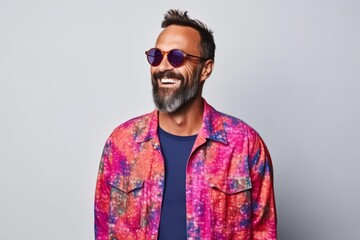 Portrait of a stylish hipster man wearing sunglasses and smiling while standing against grey background