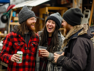 Fototapeta premium Group of friends having fun on a street food market in the city