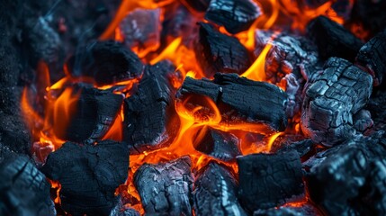 Close-up of Fiery Burning Coal With Intense Flames and Embers