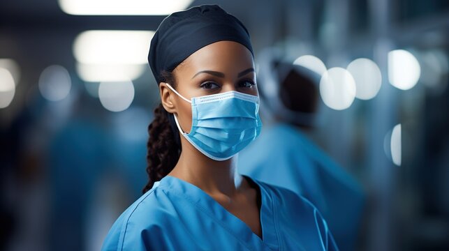 Black female doctor wearing a surgical mask and cap in a hospital setting