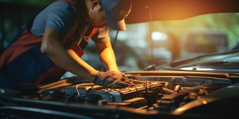 Asian car mechanic repairing car engine in auto repair shop - obrazy, fototapety, plakaty
