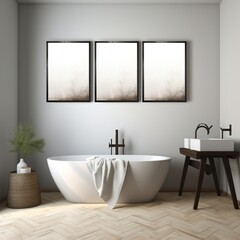 Fototapeta na wymiar Bathroom with a bathtub, a plant, and three paintings