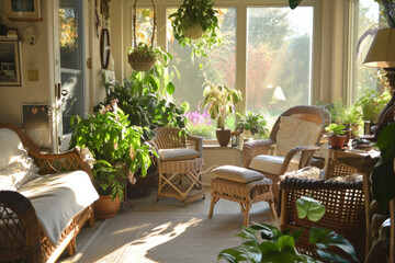 Fototapeta premium Plants and Furniture Fill a Spacious Living Room With Natural Tranquility