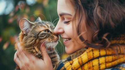 Woman and cat touching noses in an affectionate moment - obrazy, fototapety, plakaty