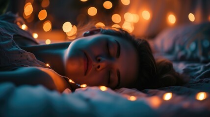 Woman sleeping peacefully with fairy lights in the background