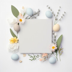 Naklejka na ściany i meble Blank paper greeting card with pastel Easter eggs and artificial flower and leaves decorations, Easter mock up