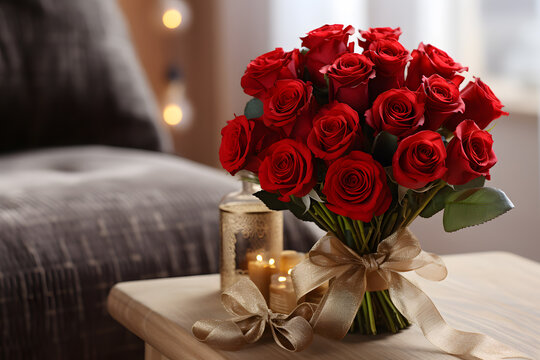 Red roses in the vase on the table in the living room