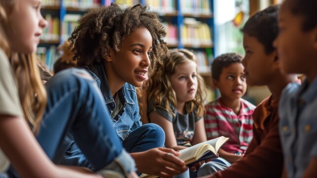 Children engaged in a reading session in a library