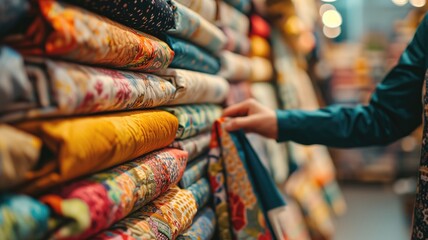 Person browsing through vibrant fabric rolls in a shop - obrazy, fototapety, plakaty