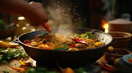 Closeup of a traditional dish being prepared in a virtual cooking workshop as part of the cultural exchange program.