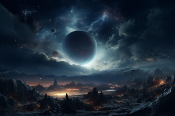 Naklejka na ściany i meble Fremde Welten, Weltall mit Planeten, Monden und einer surrilen Landschaft, Science-Fiction Weltraum
