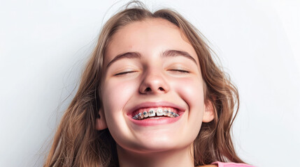 young smiling girl with metal braces on her teeth, bite correction, orthodontist, health, medicine, dentistry, oral cavity, straight, white, portrait, mouth, person, people, treatment, beauty, smile - obrazy, fototapety, plakaty