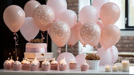 Pink and white polka dot balloons and cupcakes for birthday party