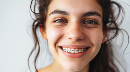 young smiling girl with metal braces on her teeth, bite correction, orthodontist, health, medicine, dentistry, oral cavity, straight, white, portrait, mouth, person, people, treatment, beauty, smile - obrazy, fototapety, plakaty
