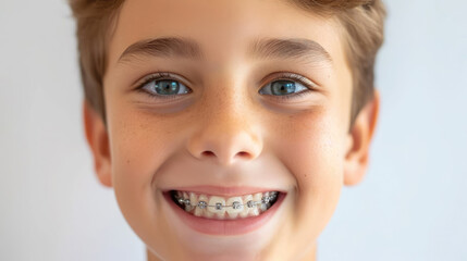 little smiling boy with metal braces on her teeth, bite correction, orthodontist, health, medicine, dentistry, oral cavity, straight, white, mouth, person, people, treatment, kid, child, children - obrazy, fototapety, plakaty