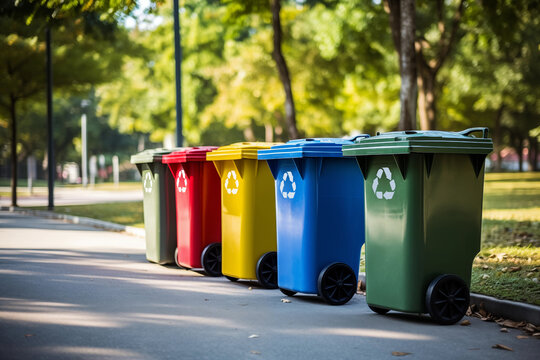 A shot of a row of recycling bins in a well - maintained city park. Generative AI