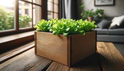 Healthy green lettuce grows in a wooden box on a table in a cozy apartment setting. - obrazy, fototapety, plakaty