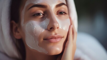 Closeup of a person with sensitive skin carefully applying a soothing face mask to calm any irritation. - obrazy, fototapety, plakaty