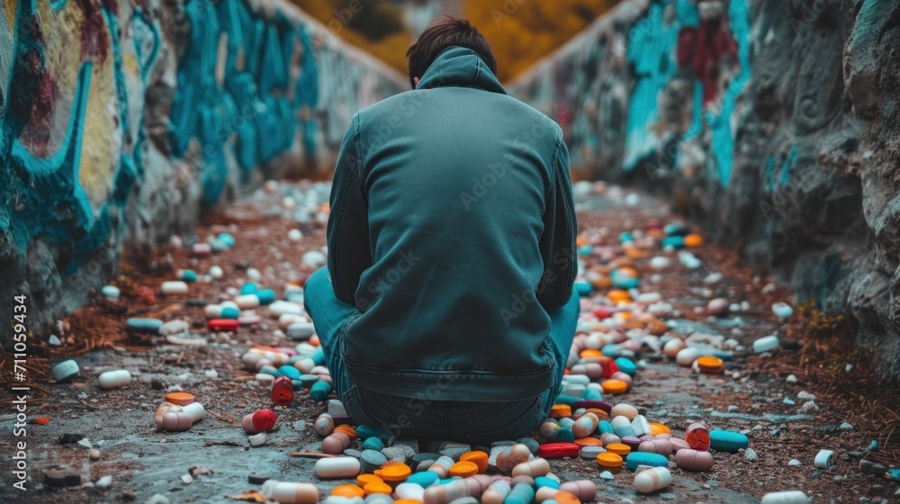 Wall mural A man sitting on the ground surrounded by pills and other items, AI