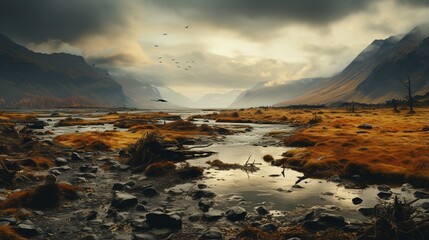 Obraz premium Desolate mountain landscape with river and crows