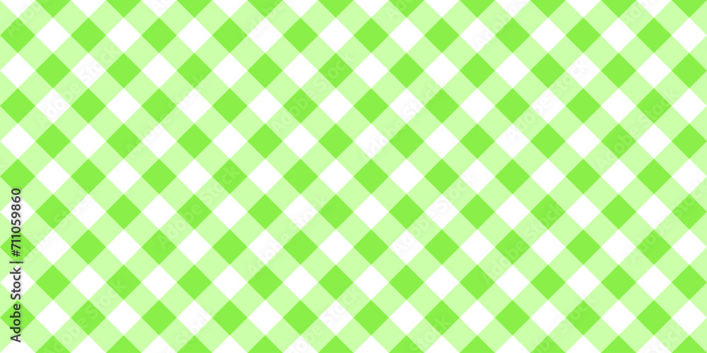 Wall mural Gingham or vichy pattern with diagonal green and white squares. Checkered background. Spring or summer tablecloth, napkin, towel, handkerchief texture. Wrapping paper print. Picnic plaid design.