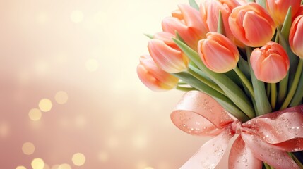 Peach pink tulips bouquet with ribbon bow on light background with bokeh. Banner with copy space. Perfect for poster, greeting card, event invitation, promotion, advertising, print, elegant design