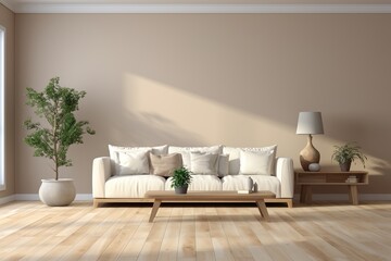 A bright living room with a white sofa and wooden table