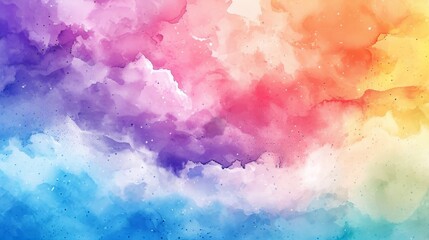 Watercolor illustration of Rainbow clouds of pink, purple, blue, red, yellow pastel colors. Abstract beautiful sky background. Copy Space. Ideal for banner, poster, postcard, greeting. Kids backdrop