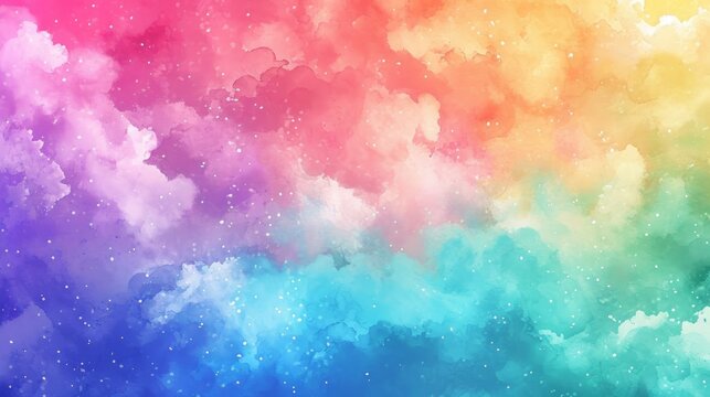 Watercolor illustration of Rainbow clouds of pink, purple, blue, red, yellow pastel colors. Abstract beautiful sky background. Copy Space. For banner, poster, postcard, greeting. Kids backdrop