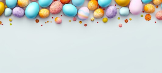 Multicolored Easter eggs with various patterns, surrounded by bright confetti on white backdrop. Ideal for holiday decoration, Easter sale advertisement, event announcement. Banner with copy space