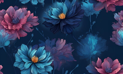 Craft a top-tier, high-resolution 3D wallpaper showcasing botanical flowers in a flowing alcohol ink style, set against a bioluminescence