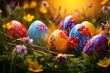 Fototapeta na wymiar Osternest mit bunten Eiern, Ostereier Suche an Ostern, ein warmes Osterfest im Frühling, Ostern in der Natur