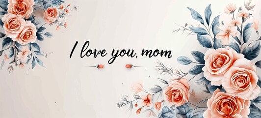 Wide banner with tender roses and leaves on a light background, inscribed with I love you, mom. For use in Mothers Day greetings, floral shop displays, or sentimental decor. - obrazy, fototapety, plakaty