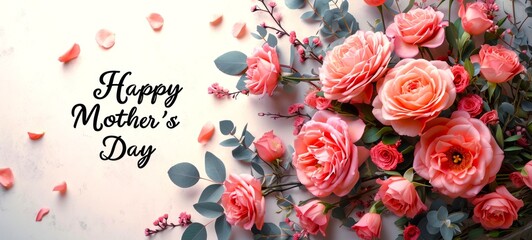 Panoramic banner with coral roses and Happy Mothers Day text on a white background. Suitable for greeting cards, event banners, and floral shops.