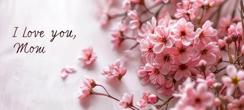 A wide banner featuring pink cherry blossoms on a white background with I Love You, Mom text. Ideal for Mothers Day promotions and greeting cards.