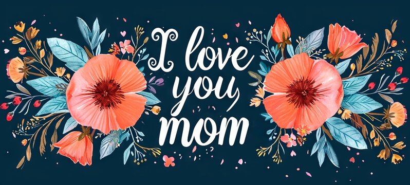 Wide banner with poppies and leaves on blue background, inscribed with I love you, mom. For use in Mothers Day greetings, floral shop displays, or sentimental decor.