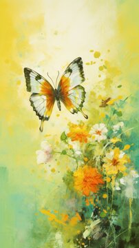 Oil painting illustration of butterfly on pastel delicate green yellow background with oil paint splashes and stains. With copy space. The image conveys the delicate beauty of nature. Vertical format